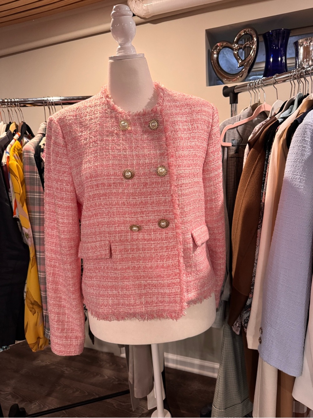 Anthropologie Pink Tweed Double-Breasted Blazer